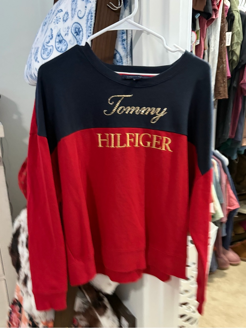 Tommy Hilfiger Red and Black Crewneck Sweatshirt with Gold Logo